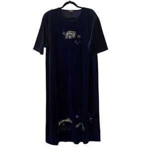 Vintage Liebe Vintage L/XL Dark Blue Velvet Cat Print Maxi Dress
